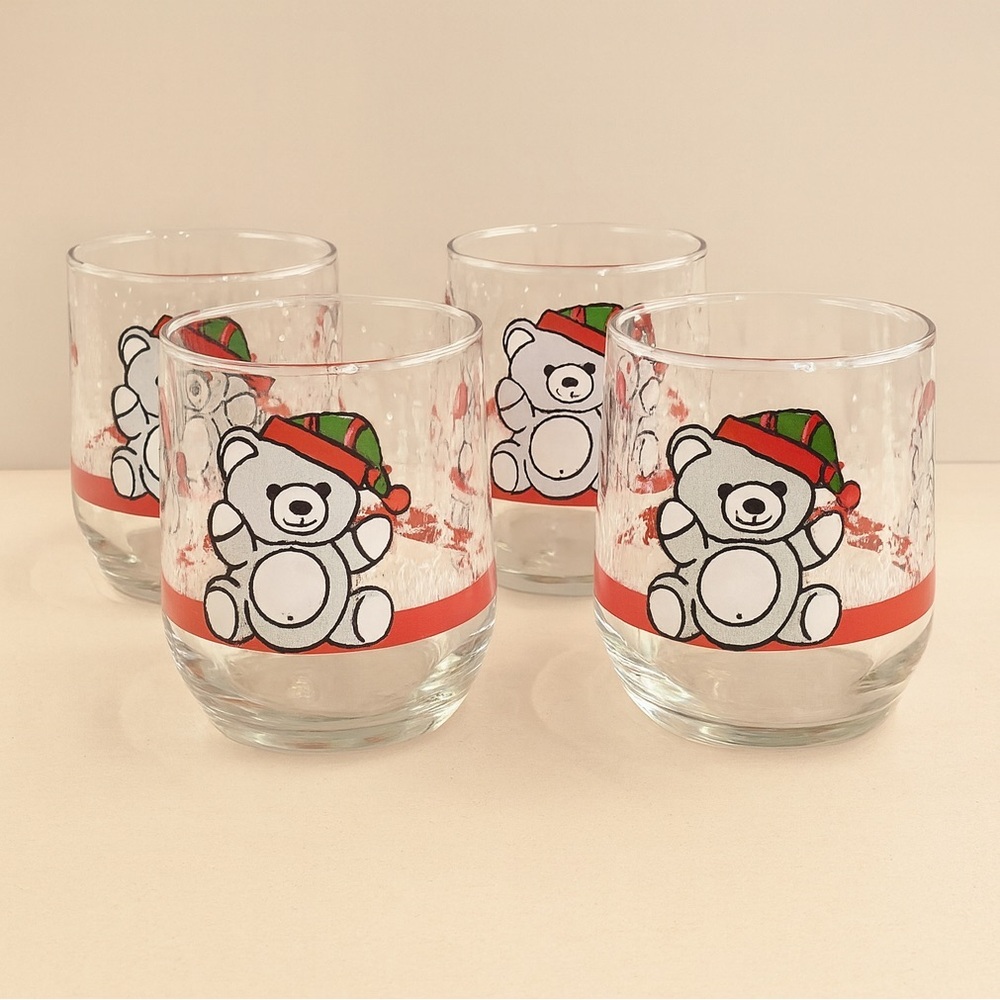 Vintage Libbey Christmas Teddy Bear Glasses Set of 4 Holiday Lowball Tumblers